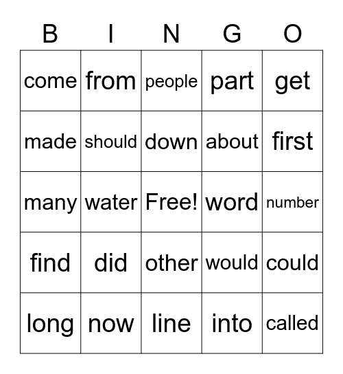 Sight Words Bingo Card