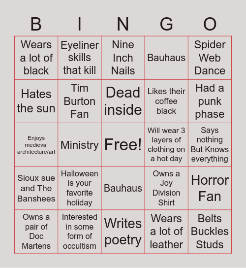 Goth Bingo Card