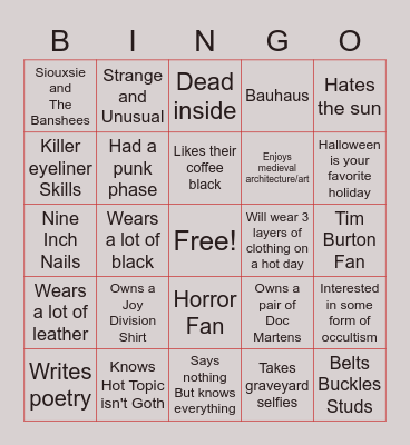 Goth Bingo Card