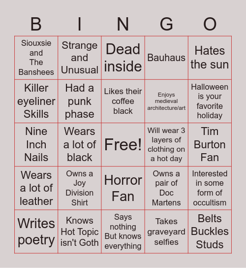 Goth Bingo Card