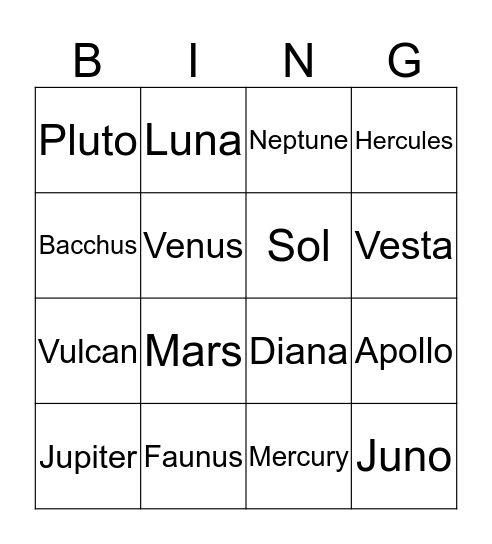 Greek and Roman Gods Bingo Card