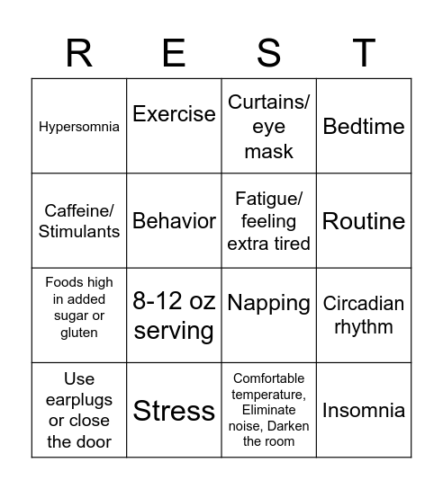 Sleep Hygiene Bingo Card