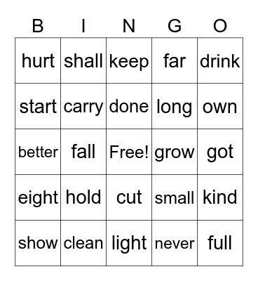 Sight Words Bingo Card