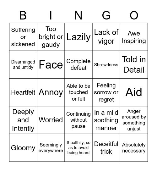 Vocabulary Bingo Card