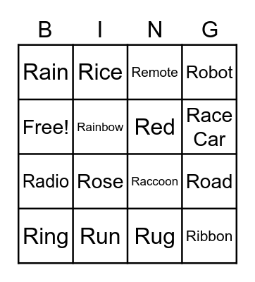 Initial R Bingo Card