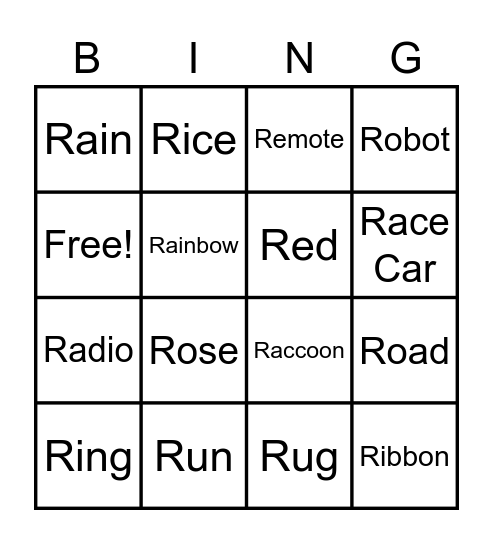 Initial R Bingo Card