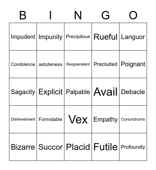 Vocabulary Bingo Card