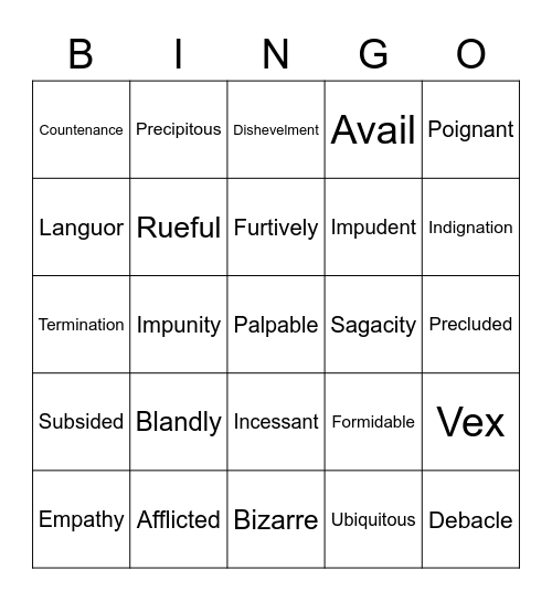 Vocabulary Bingo Card