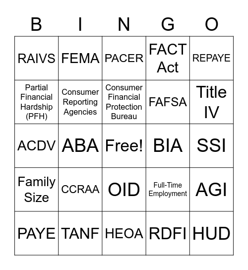 Glossary Terms Bingo Card