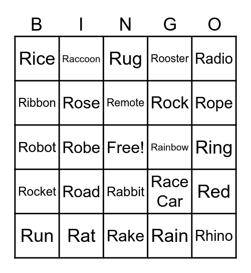 Initial R Bingo Card