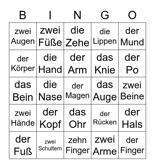 Körperteile Bingo Card