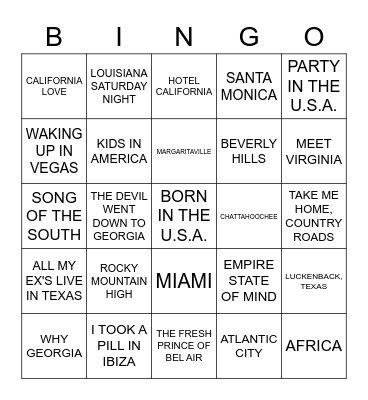SONGS ABOUT PLACES Bingo Card