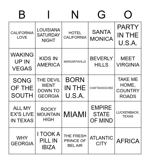 SONGS ABOUT PLACES Bingo Card