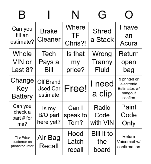 In - Return Open Bag / Out - Fuel Pump Bingo Card