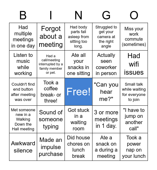 Work from Home Bingo Card