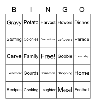 Turkey BINGO Card