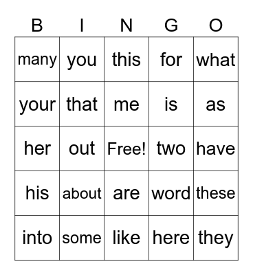 Heart Words Bingo Card