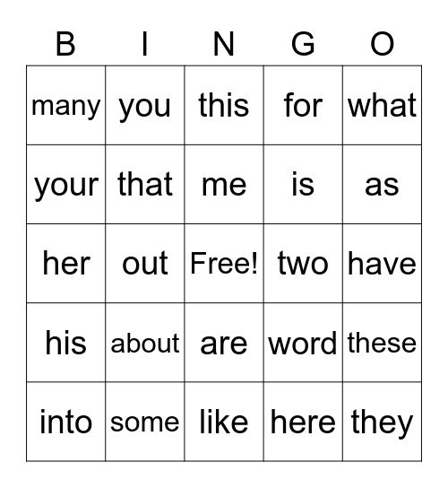 Heart Words Bingo Card