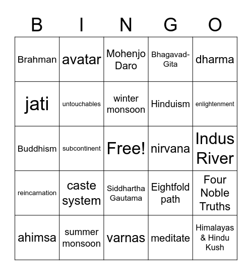Ancient India Bingo Card