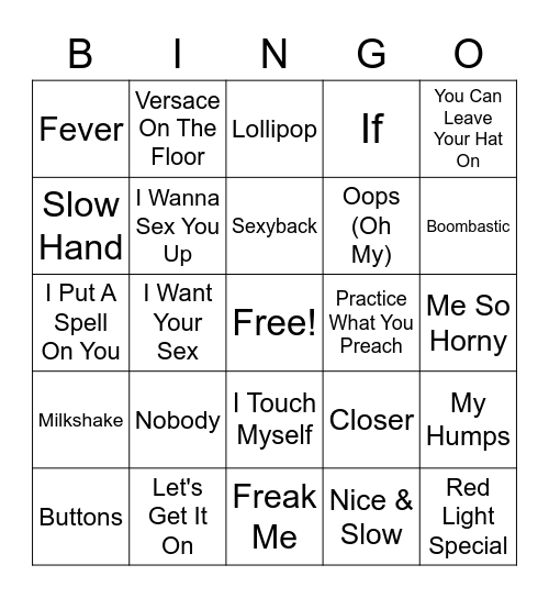 Sexy Song Bingo Card