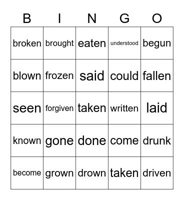 Irregular Verbs Bingo Card