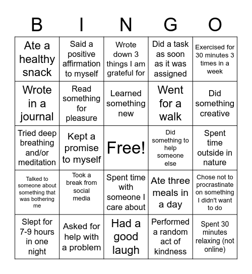 Stress Relief BINGO Card