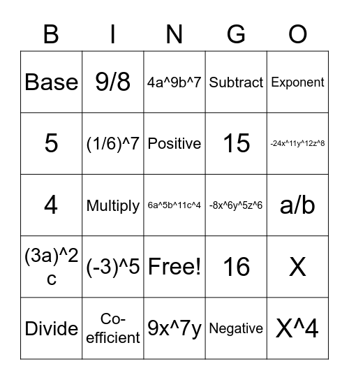 Exponent Bingo Card