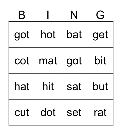 T Words Bingo Card