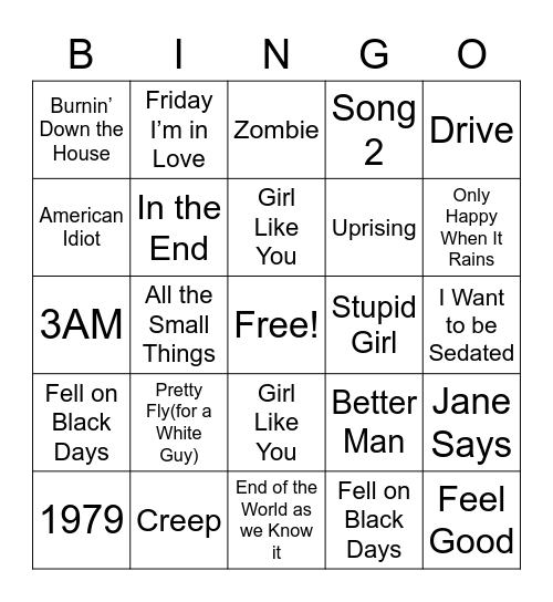 Alternative Rock Bingo Card