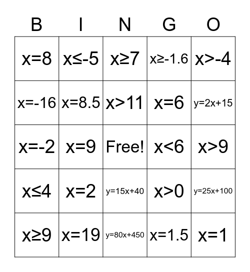 Solve for x Bingo Card