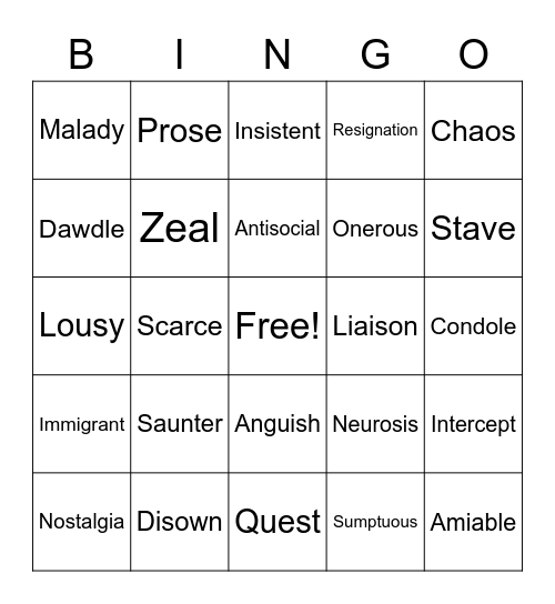 Vocabulary Bingo Card