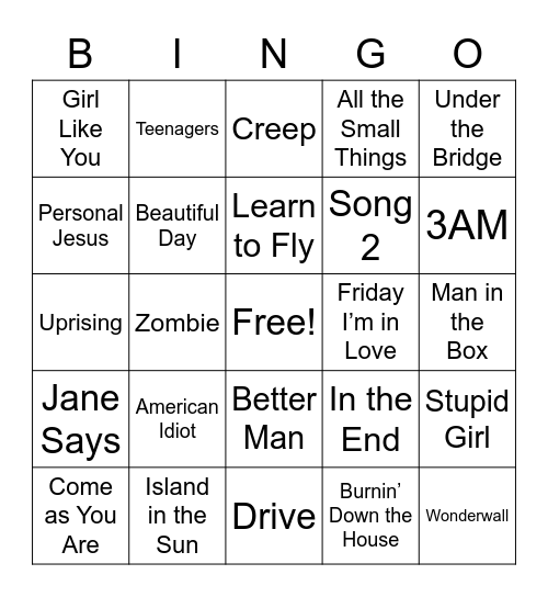 Alternative Rock Bingo Card