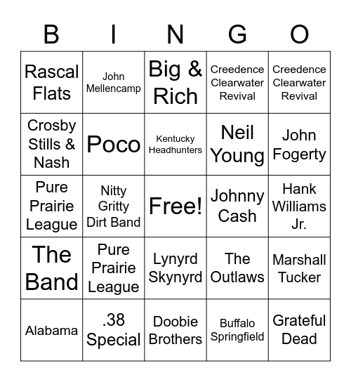 Country Rock Bingo Card