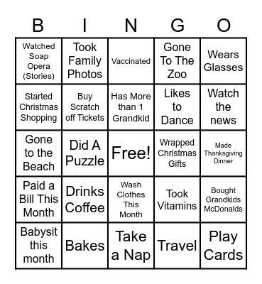 Grandparents Day Bingo Card