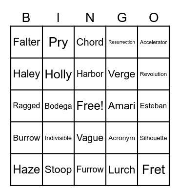 Harbor Me Vocab Bingo Card
