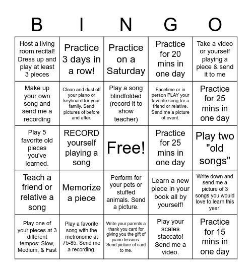 Piano Practice Bingo Card