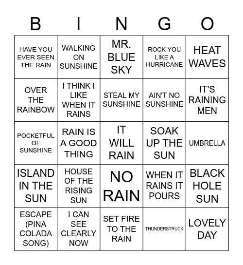 SONGS THAT MENTION THE WEATHER Bingo Card