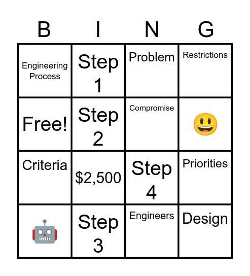 Engineering Design Process Bingo Card