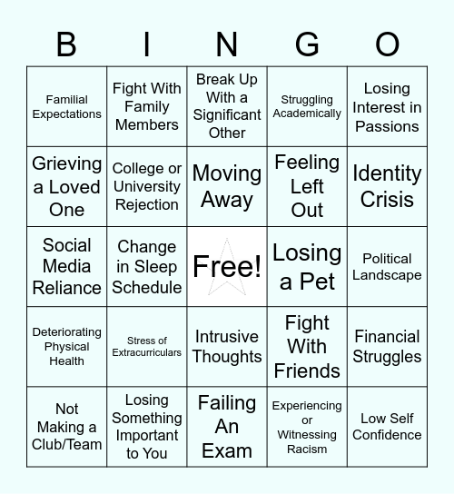 Mental Wellbeing Bingo Card