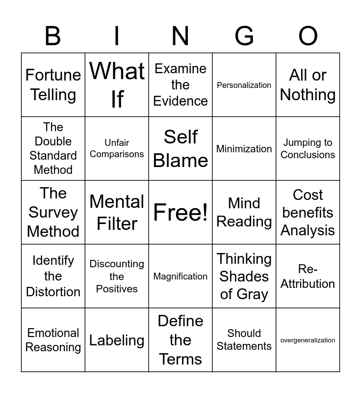 CBT Cognitive Distortions Bingo Card