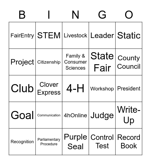 4-H New Member Night Bingo Card