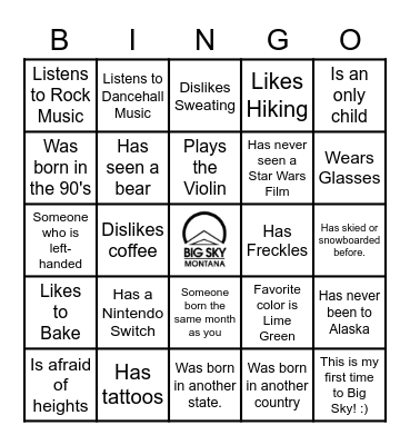 Big Sky Resort Winter BINGO 2022-2023 Bingo Card