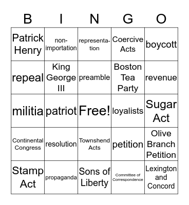 TWood Chapter 5 Review Bingo Card