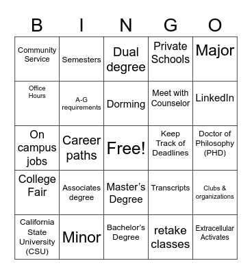 Pre-College Bingo Card