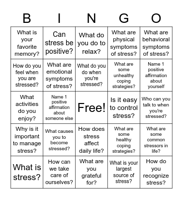 Stress Management Bingo Card