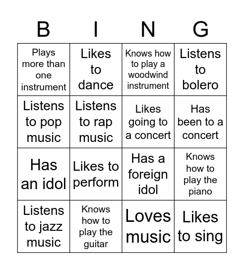 Find someone who... (music edition) Bingo Card