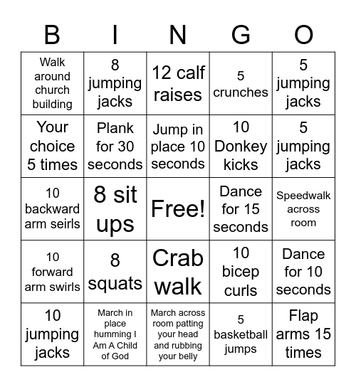 Exercise Bingo Card