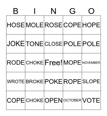O_E        LONG E  Bingo Card