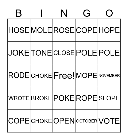 O_E        LONG E  Bingo Card
