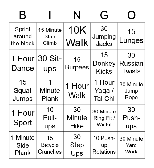 Workout Bingo Card